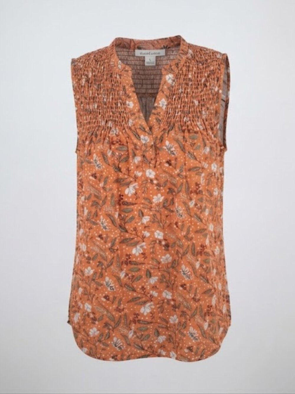 Daniel Rainn Burnt Orange Floral Smocked Sleeveless Blouse Top Size L